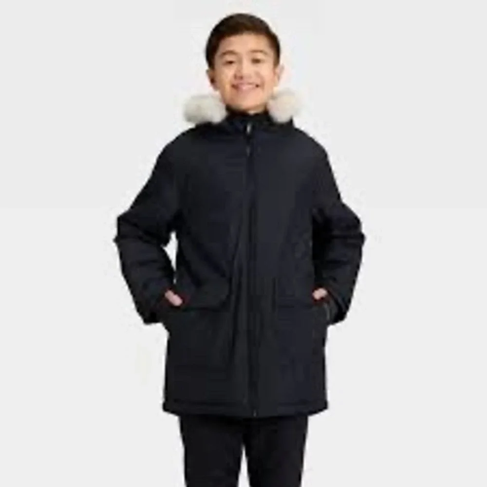 All in Motion Boys Black Winter Parka Faux Fur Hood Water Resistant Jacket S 6/7